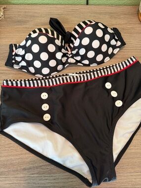 Black & White Polka Dot Bikini Set with Button-Trim High Waist Bottoms